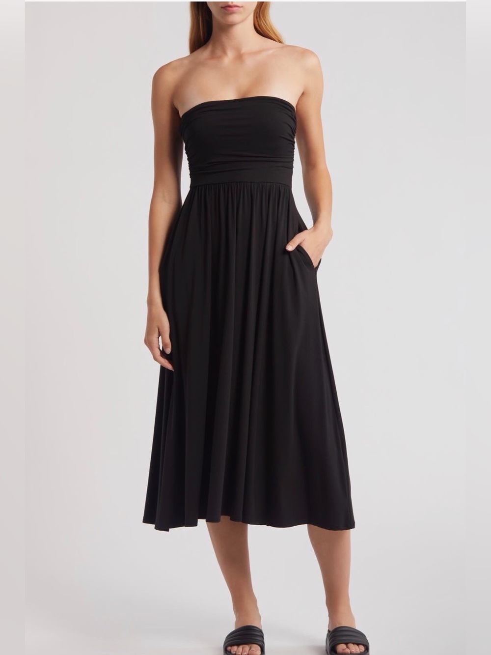 All in Favor Strapless Jersey Midi Dress